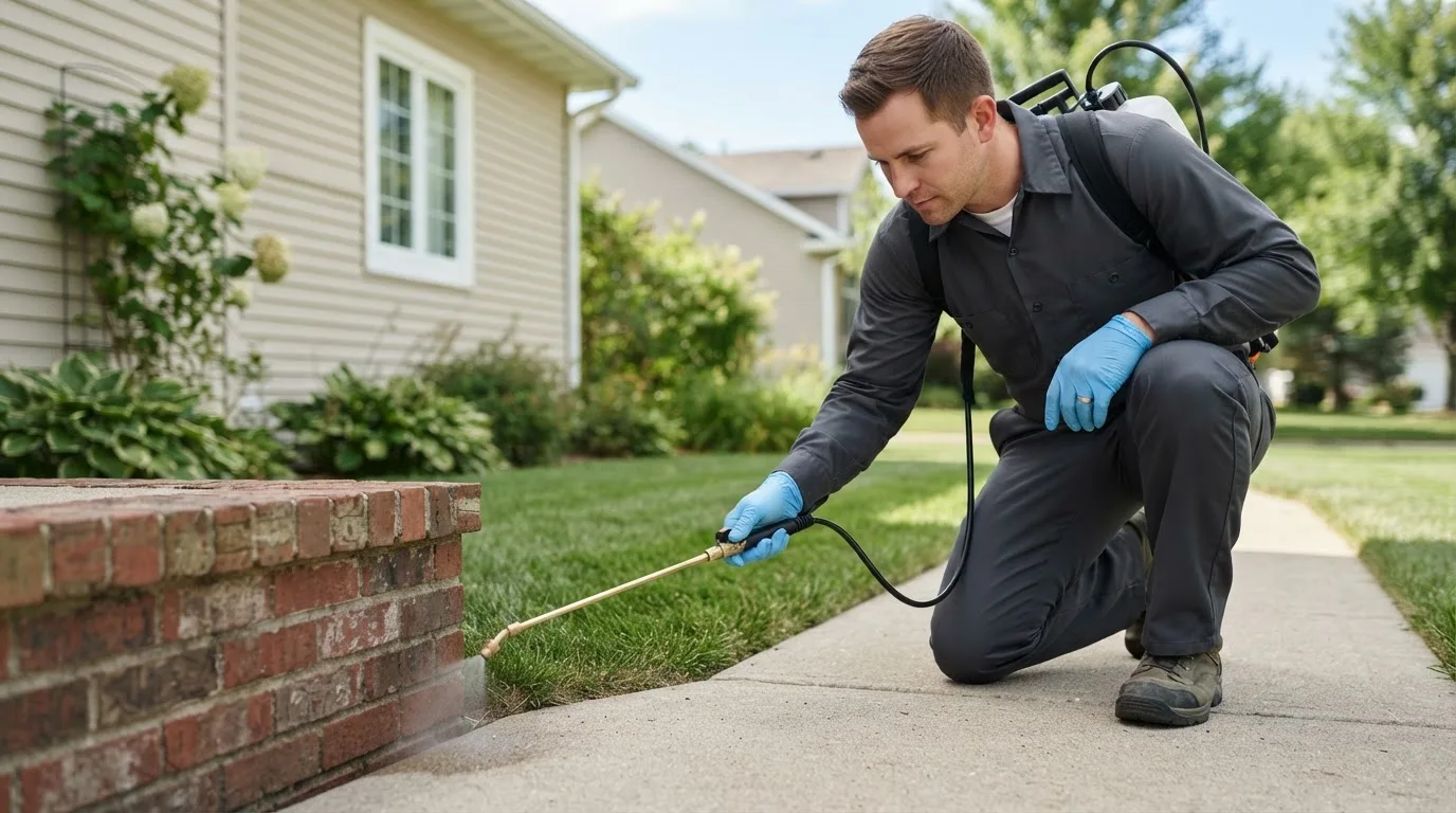 Pest control technician treating a home near Richey, MT